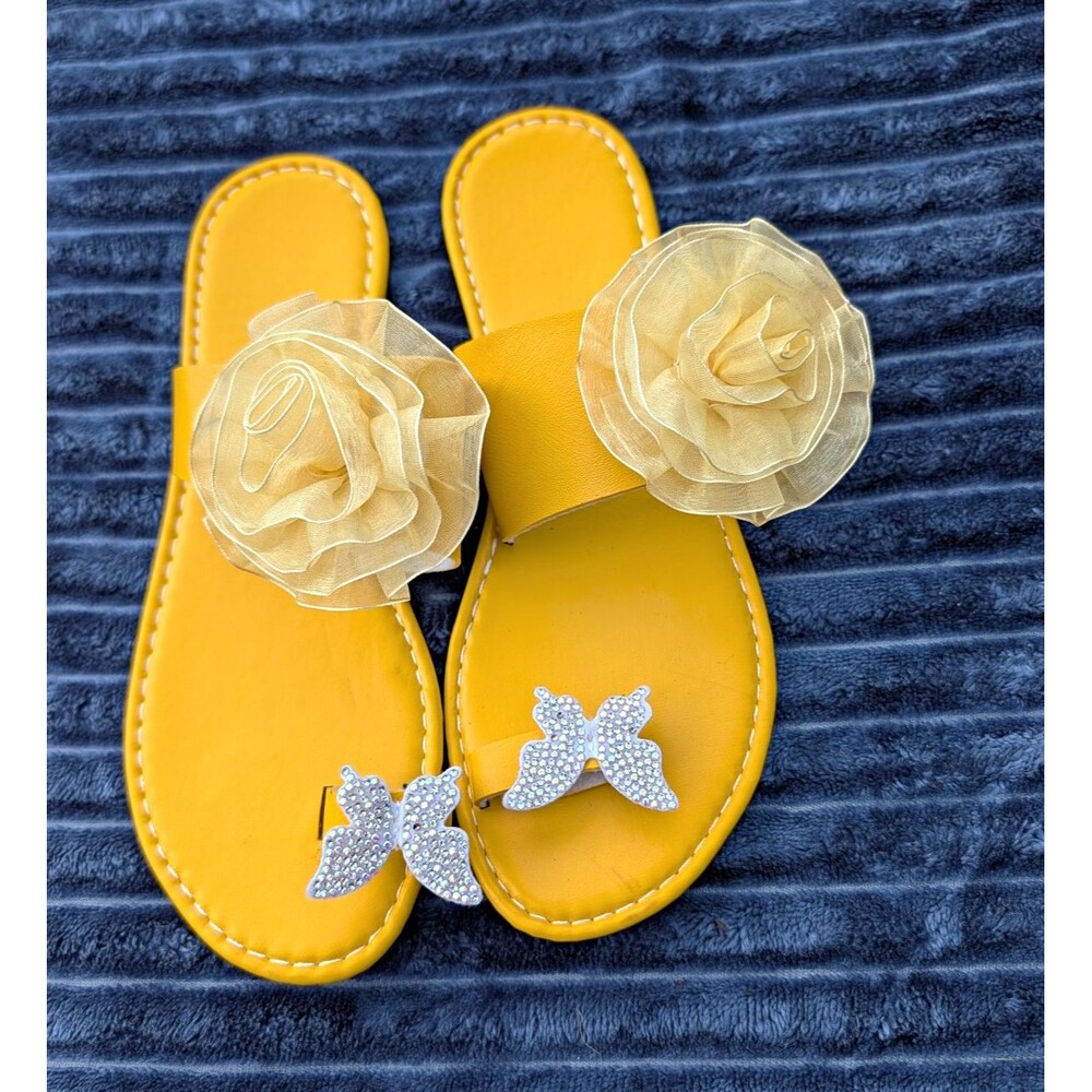 Bright Yellow Sandals with Ribbon Flower Accents Women's
